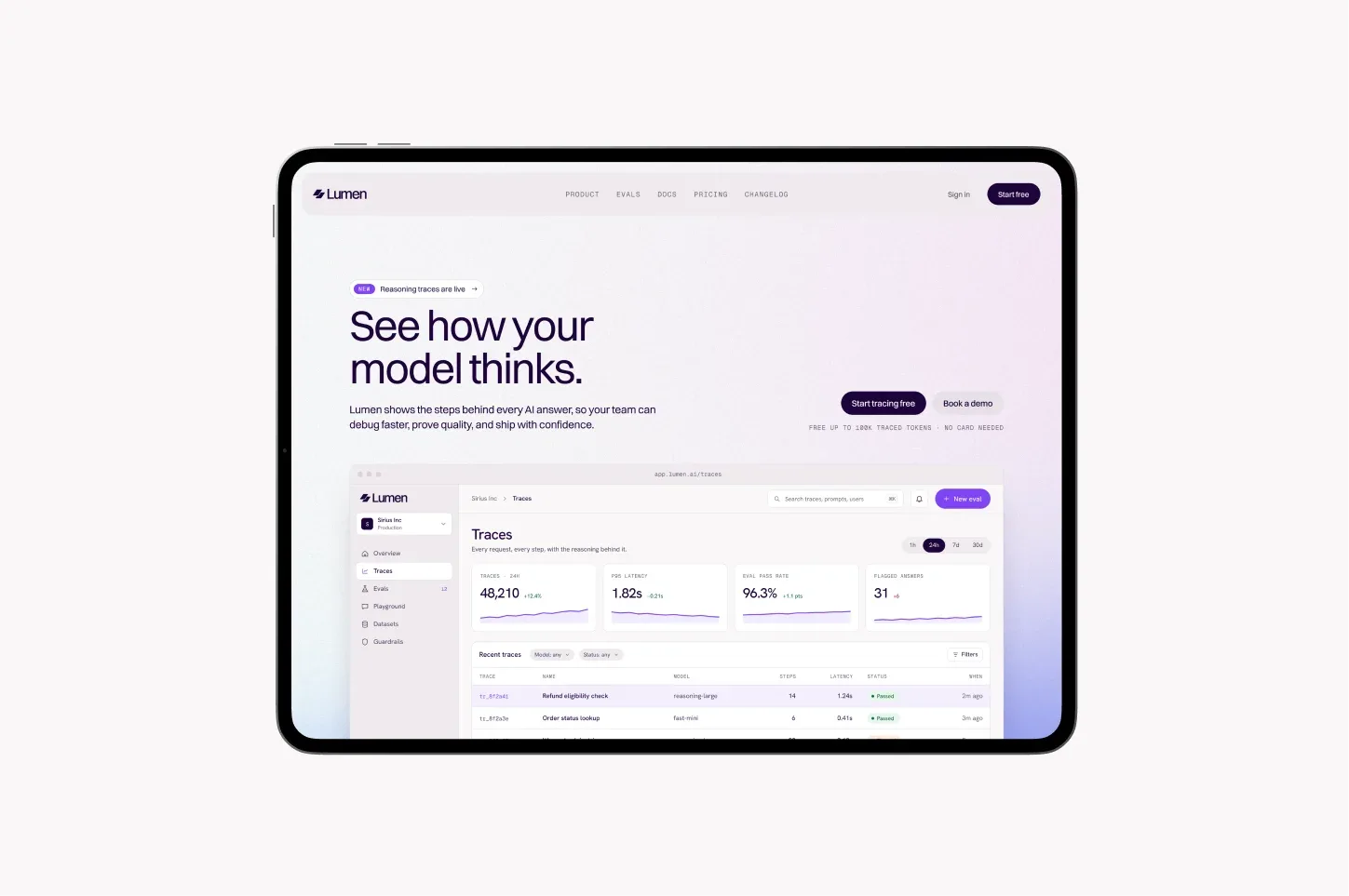 Lumen landing page on a tablet