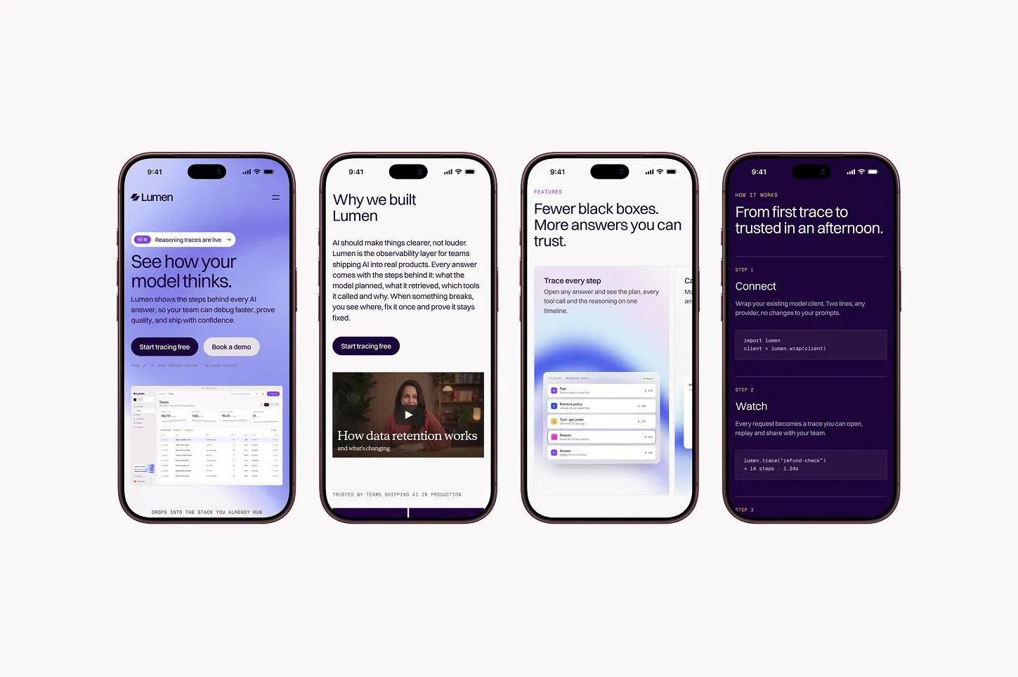 Lumen website on four phone screens