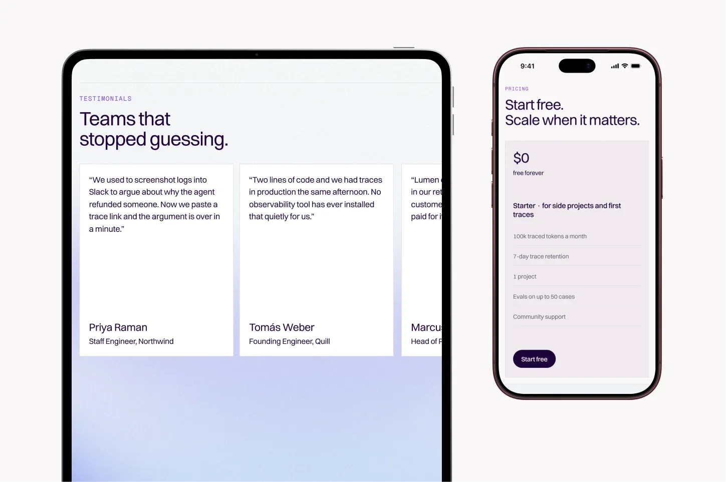 Lumen testimonials page on a tablet and a phone