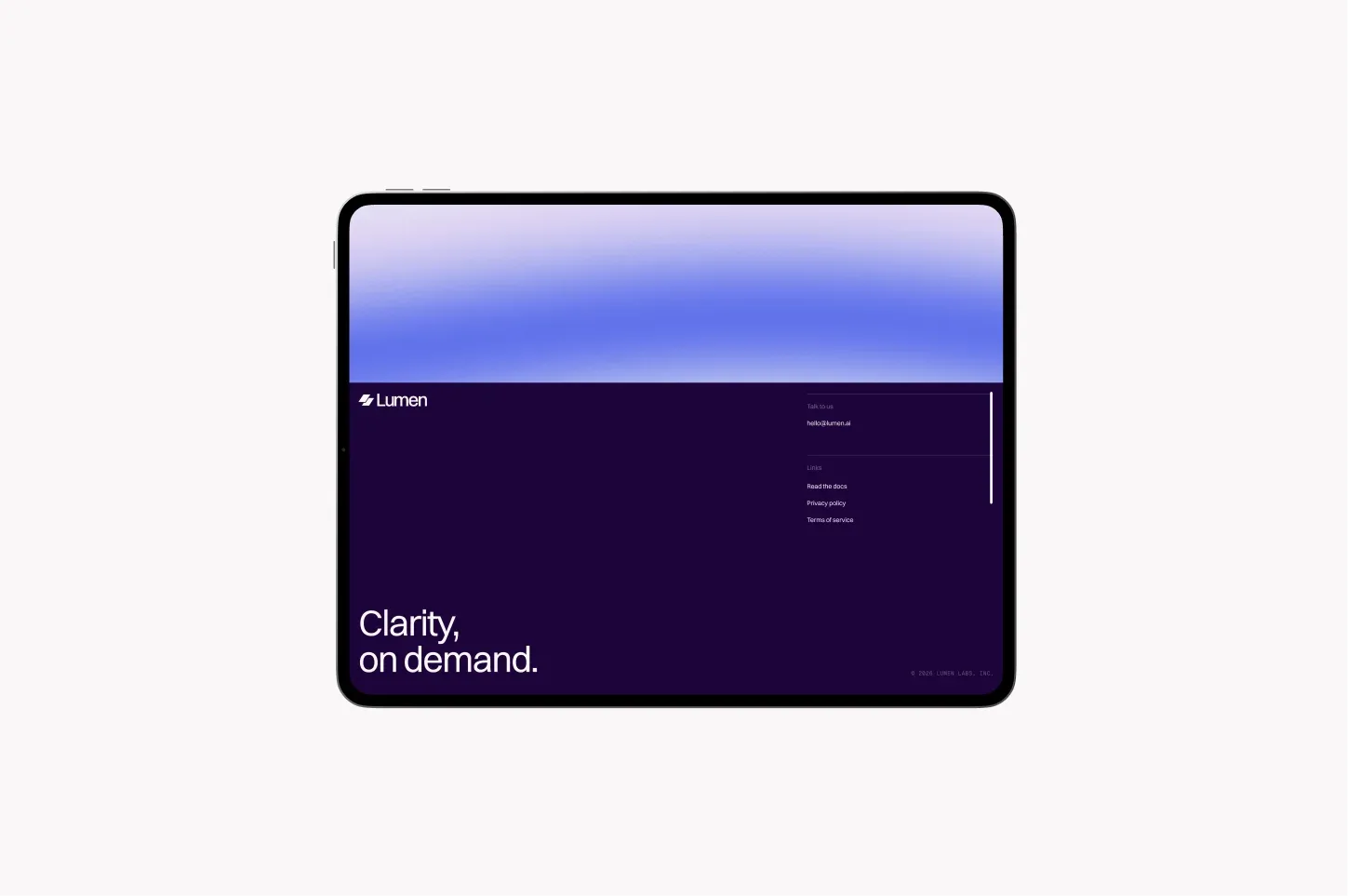 Lumen dark hero section on a tablet