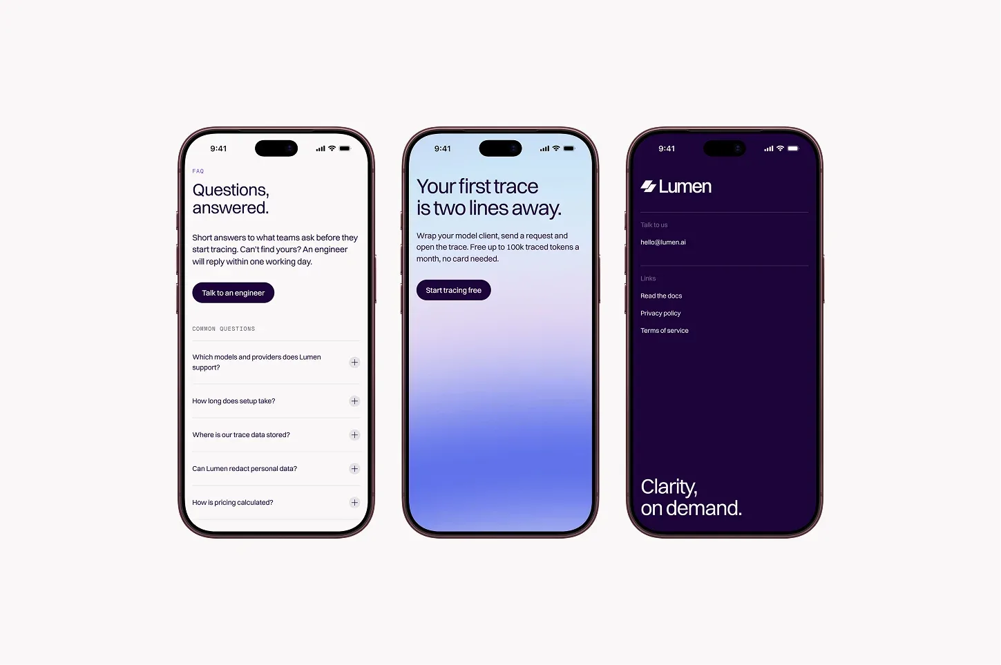 Lumen website on three phones: light, gradient and dark