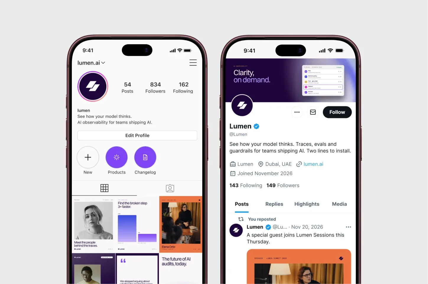 Lumen social profile on two phones