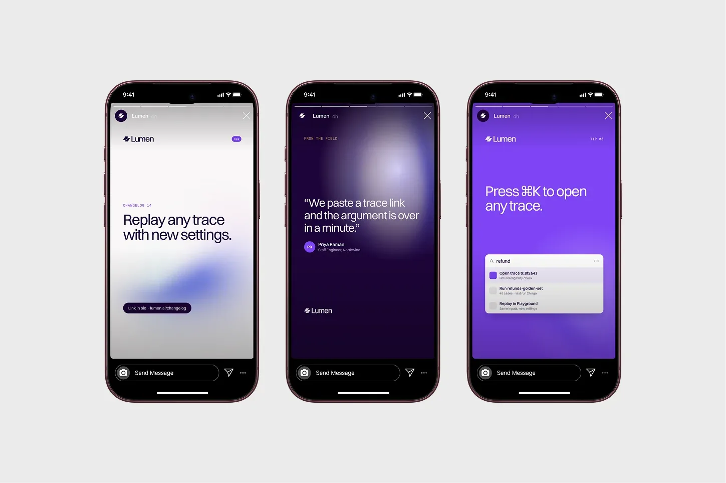 Lumen Instagram stories on three phones