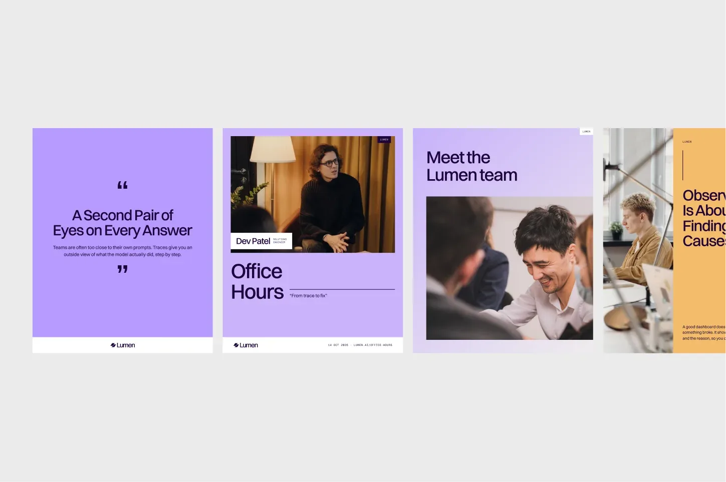 Lumen social post templates in lilac with team portraits