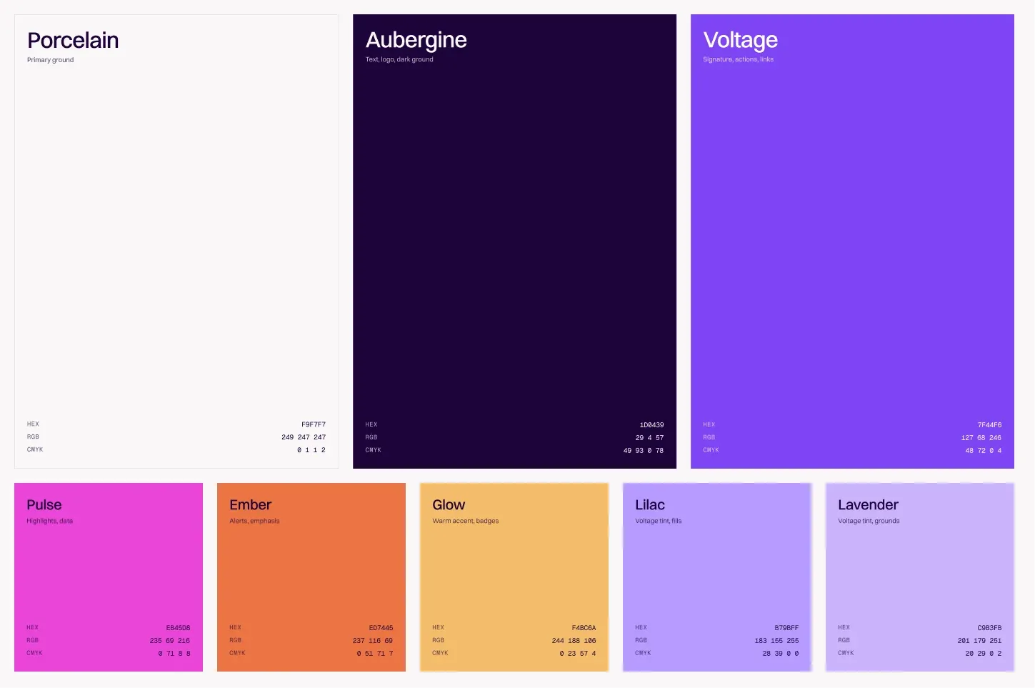 Lumen colour palette: Porcelain, Aubergine and Voltage with accent colours