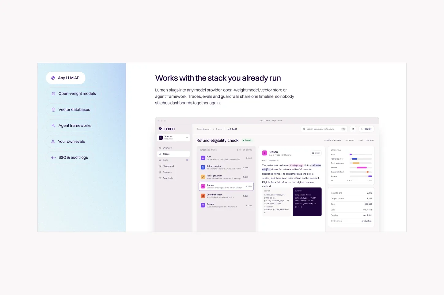 Lumen product interface: sidebar, charts and tables