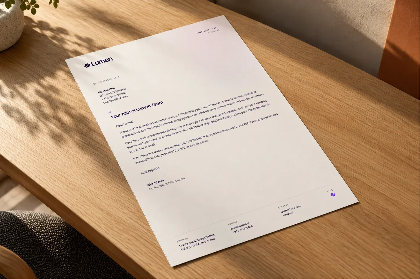 Lumen letterhead on a wooden table
