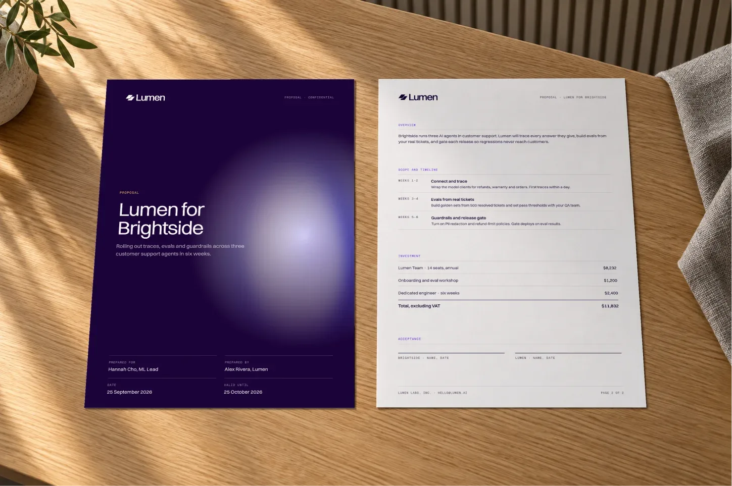 Lumen sales proposal in dark purple with a spread